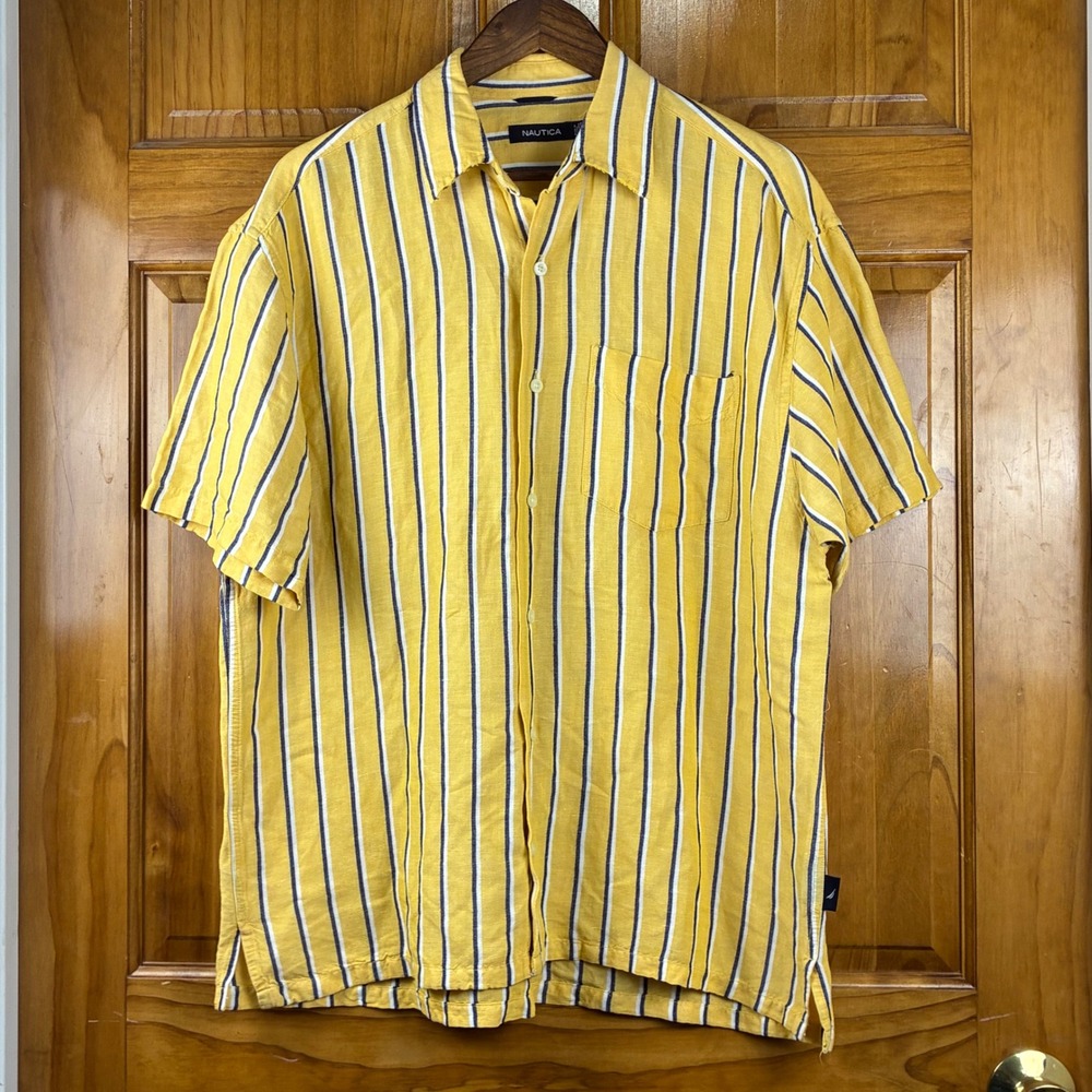 Nautica Mens Large Yellow Striped Linen Rayon Short Sleeve Button Up Shirt